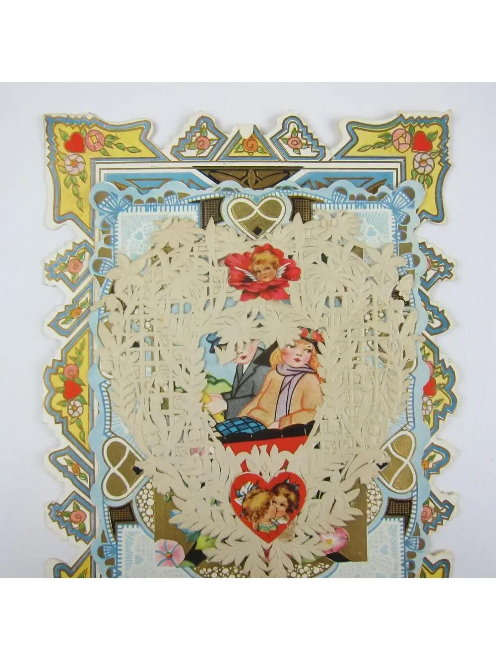 Antique Valentine Blonde Girl & Boy Drive Old Car Flowers Embossed Boat UNSIGNED